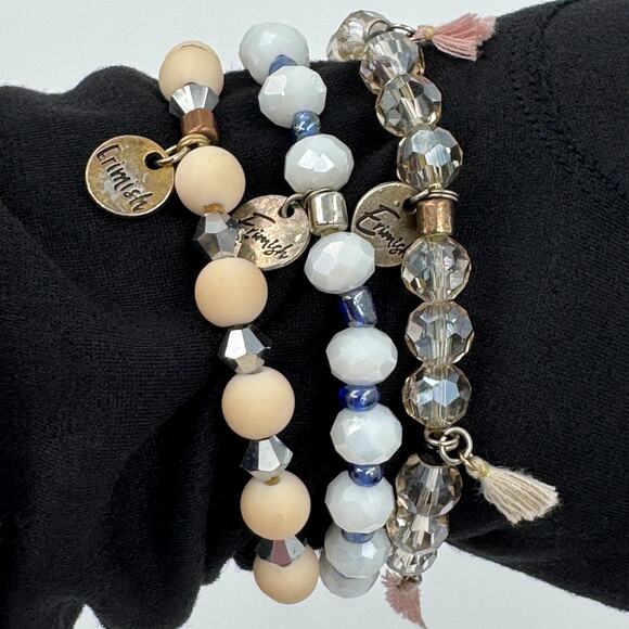 Erimish Jewelry - Erimish Set of 3 Stretch Bracelets Crystal Blue Beige Beaded Tassel Stack